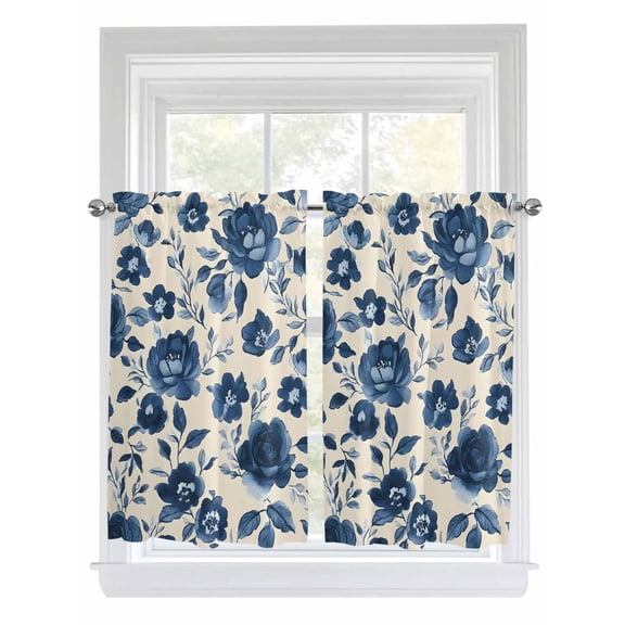 Navy Blue Floral Kitchen Curtains 54 Inch Length, Spring Retro Botanical Flowers Rod Pocket Light Filtering Window Curtains Living Room Bedroom Curtain Drapes Cafe Curtain 52''x54''x2