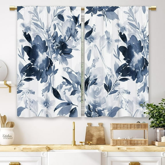 Navy Blue Floral Kitchen Curtains Flower Watercolor Blossom Small Short Cafe Window Abstract Modern Pretty Ink Plant Bathroom Drapes Treatment Tier (27.5x39 Inch), 07_navy_flower, 27.5Wx39H