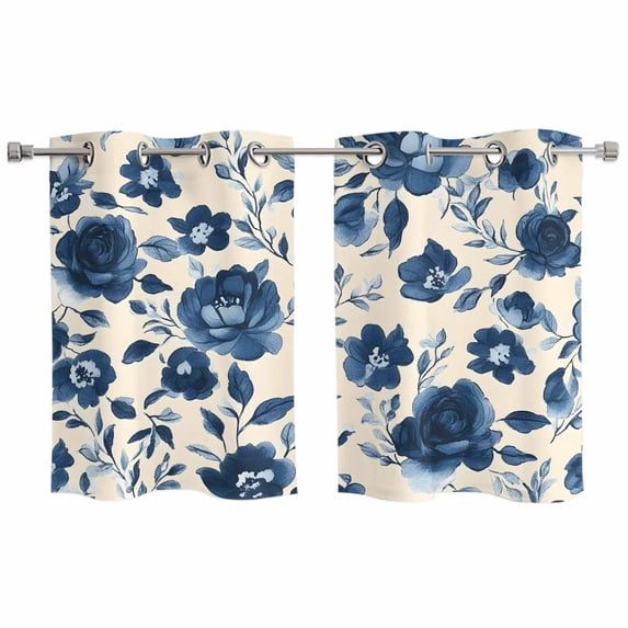 Navy Blue Floral Kitchen Curtains Small Short 39 Inch Length, Spring Retro Botanical Flowers Grommet Top Bedroom Living Room Curtains, Light Filtering Cafe Curtain Drapes 2 Panels Set 55''x39''