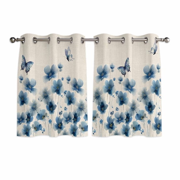 Navy Blue Floral Kitchen Curtains Window Panels, Spring Flowers Rustic Butterfly Insulated Window Treatment Curtain, Grommet Curtains for Bedroom/Living Room/Bathroom, 2 Piece 42"Wx45"L
