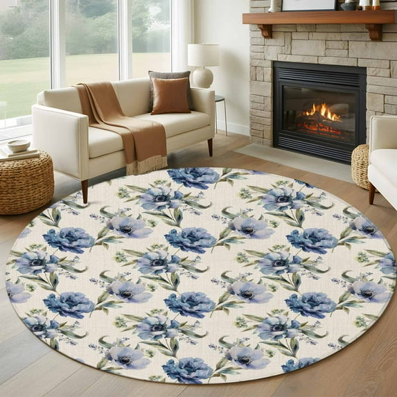 Navy Blue Floral Large Round Rug 8 FT, Non Slip Living Room Area Carpet, Vintage Flowers Elegant Pastoral Rustic Washable Soft Circle Rug Non-Shedding Floor Carpet for Bedroom Office Dining Room