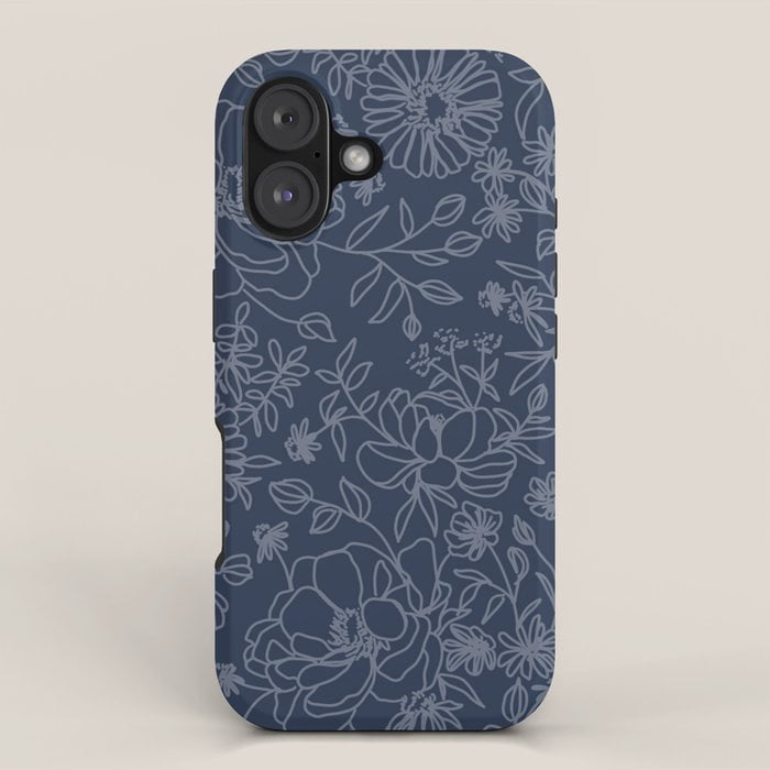Line Shell Blue Navy Blue Floral Line Art Tough Case for Apple iPhone, Polycarbonate ...