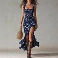 thumbnail image 1 of Navy Blue Floral Maxi Dress With Ruffled Straps, High Side Slit, Flowy Fit, 1 of 6