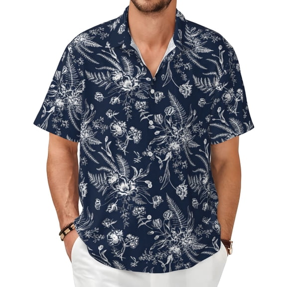 Navy Blue Floral Men's Shirts Short-Sleeved with All-Over Prints Button-Up Shirts