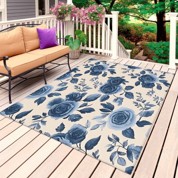 Navy Blue Floral Outdoor Rug 6x9 Ft, Non Slip Washable Area Rug, Rustic Spring Flower Blossom Patio Rugs Carpet Runner, Large Floor Mat for Indoor/Outdoor Deck Porch Camping
