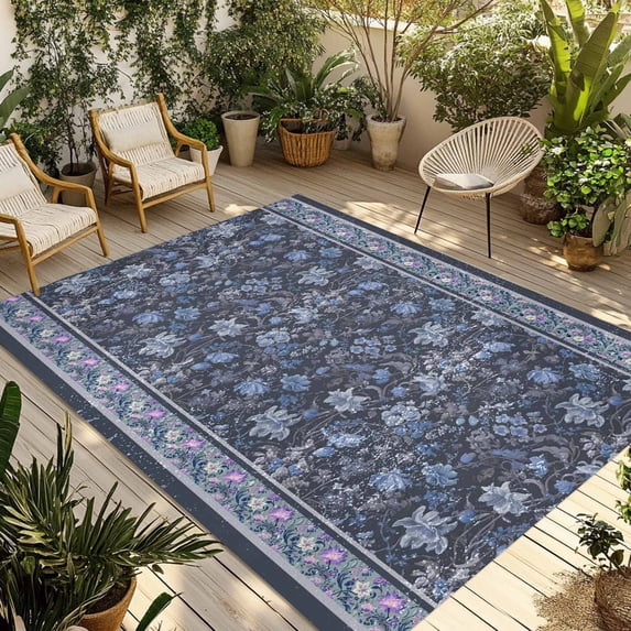 Navy Blue Floral Outdoor Rug for Patio/Deck/Porch, Non-Slip Large Area Rug 3 x 5 Ft, Ethnic Tribe Abstract Art Flowers Indoor Outdoor Rugs Washable Area Rugs, Reversible Camping Rug Carpet Runner