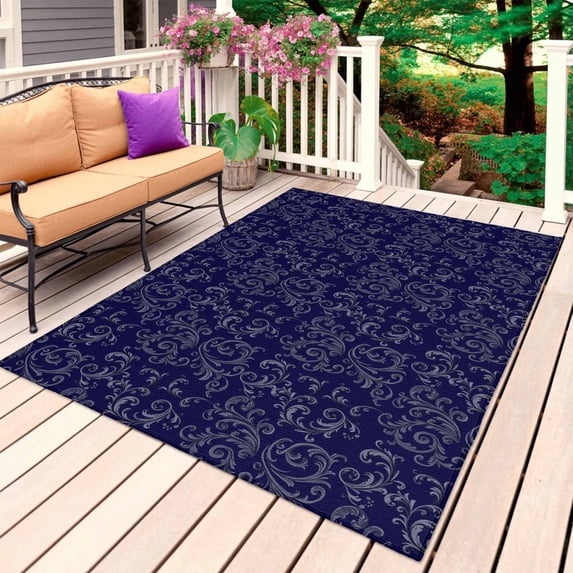 Navy Blue Floral Outdoor Rug for Patio/Deck/Porch, Non-Slip Large Area Rug 5 x 8 Ft, Vintage Farmhouse Abstract Flowers Indoor Outdoor Rugs Washable Area Rugs, Reversible Camping Rug Carpet Runner