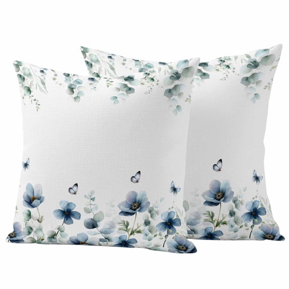Navy Blue Floral Outdoor Waterproof Pillow Covers, Watercolor Eucalyptus Leaves Butterfly Decorative Square Throw Pillowcase Sofa Cushion Sham for Patio/Couch/Chair, 20"x20" 2 Pack