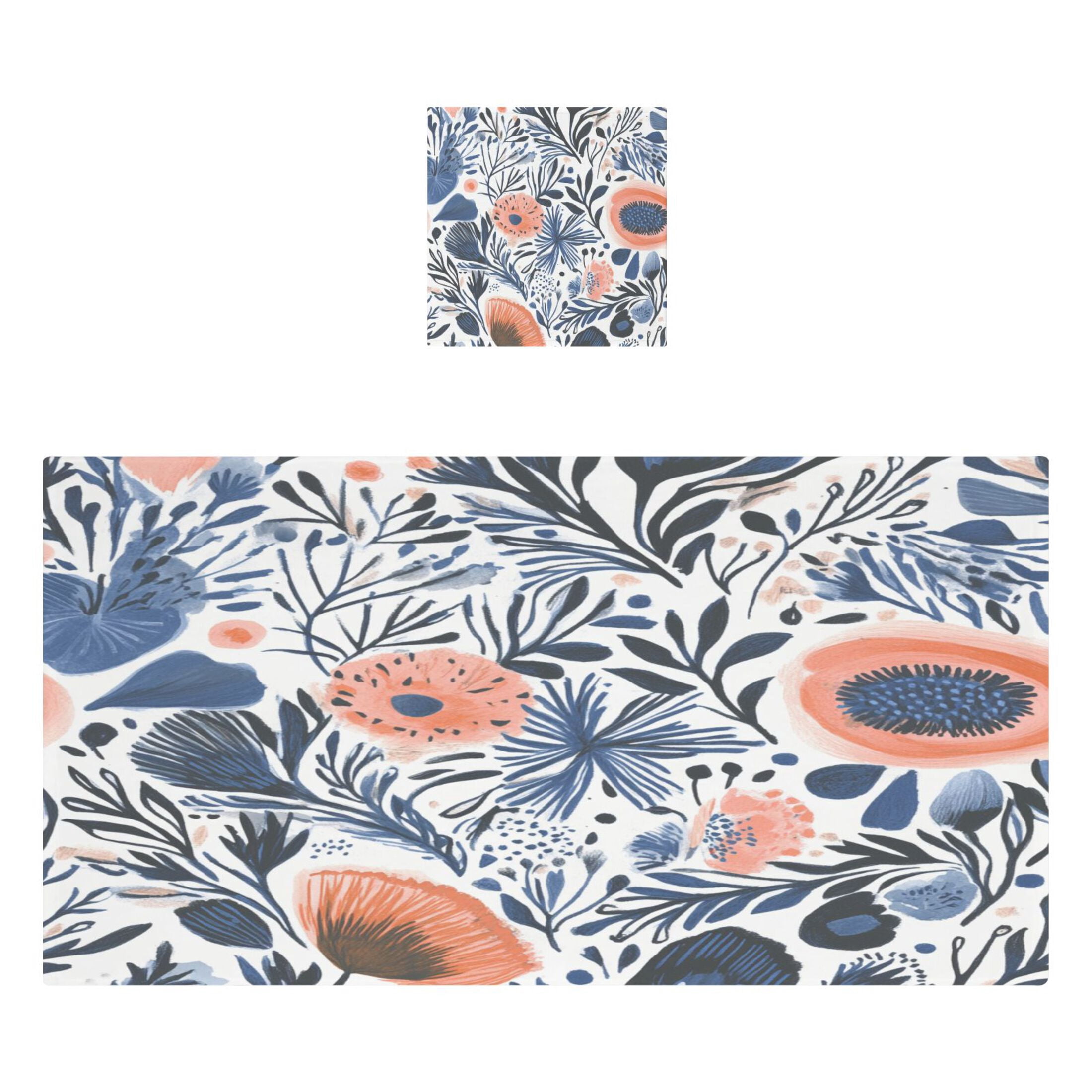 Navy Blue Floral Pattern 2 Piece Cotton Bath and Face Towel Set Soft and Absorbent, for Beach Pool Bathroom