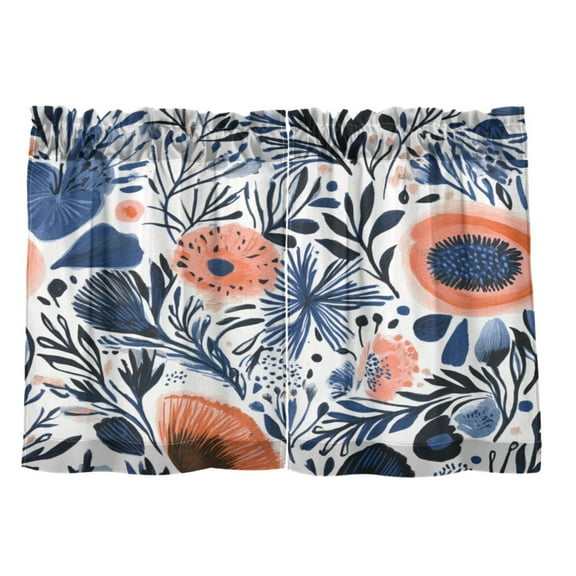 Navy Blue Floral Pattern 27"x24" Linen Look Cafe Curtain Set with Privacy and UV Protection