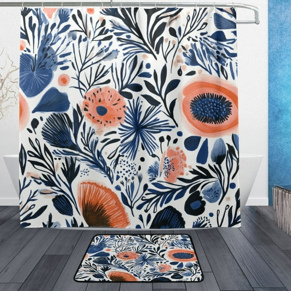 Navy Blue Floral Pattern Bathroom Accessory Sets Waterproof Shower Curtain with Anti-Slip Bath Mat Durable Combo