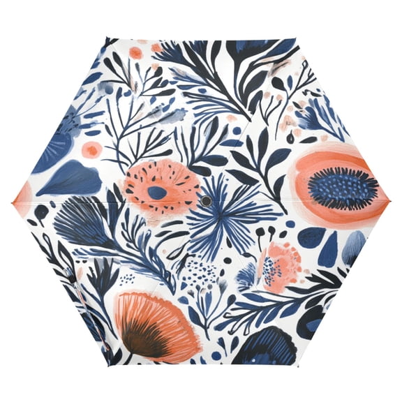 Navy Blue Floral Pattern Folding Umbrella UV50+ Waterproof Sun Protection Auto Open Close Compact Fiberglass Frame