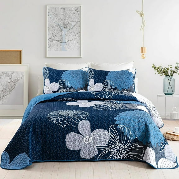 Navy Blue Floral Bed in a Bag Queen,3Pcs Comforter Set Microfiber Bedding Set Adult(96"x90")