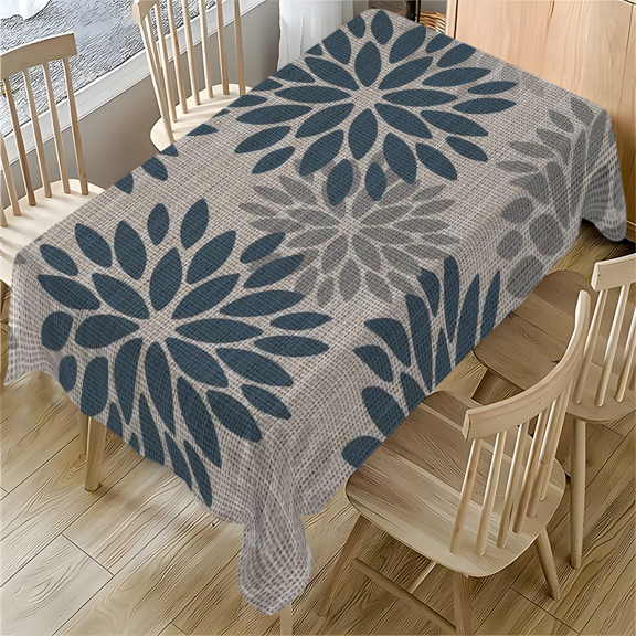 Navy Blue Floral Pattern Rectangle Tablecloth 55x77.1 Inches for Dining Table, Desk, Party, Outdoor Use