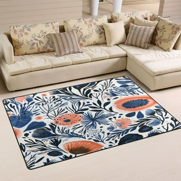 Navy Blue Floral Pattern Soft Polyester Area Rug 31''x20'', Non Slip, Memory Foam, Water Absorbent