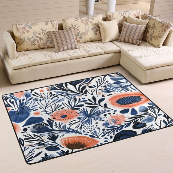 Navy Blue Floral Pattern Soft Polyester Area Rug 72''x48'', Non Slip, Memory Foam, Water Absorbent