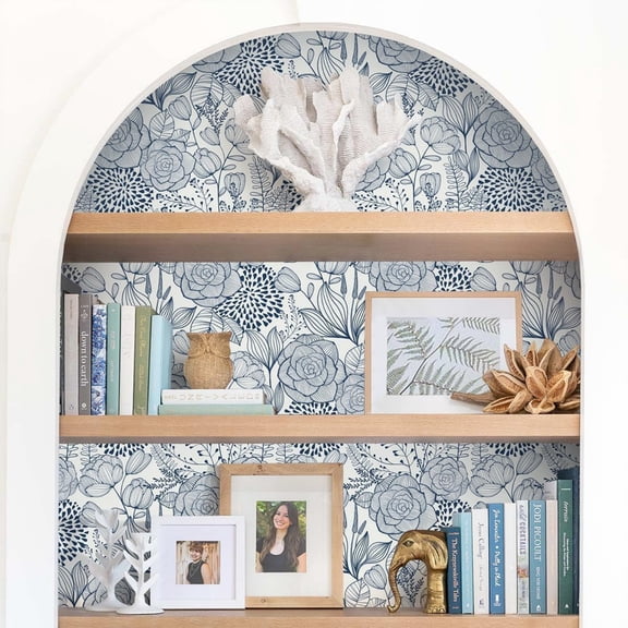 Navy Blue Floral Peel and Stick Wallpaper Blue and White Wallpaper 16.9"393" Navy Floral Stick and Peel Wall Paper Flowers Contact Paper Self Adhesive Removable Waterproof for Bathroom Decor