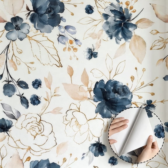 Navy Blue Floral Peel and Stick Wallpaper Self Adhesive Removable Thick Vinyl Watercolor Botanical Flower Gold Line Accent for Bedroom Bathroom Living Room Accent Wall 17.7" × 78.5"