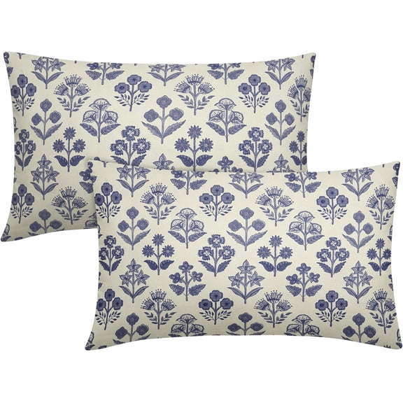 Navy Blue Floral Pillow Covers 12x20 Inch Set of 2, Block Print Lumbar Flower Cream Decorative Throw Pillowcases Outdoor Farmhouse Rectangle Cushion Covers Spring Summer Sofa Couch Bed Decor