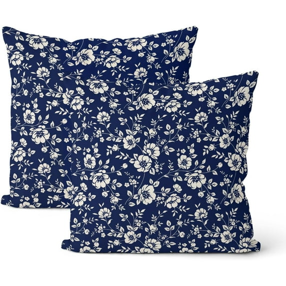 Navy Blue Floral Pillow Covers 18x18 Inch 2 Pcs Vintage Flower Decor Throw Pillows Boho Seasonal Spring Summer Outdoor Farmhouse Decoration Pillowcase Linen Cushion Cover for Couch Sofa Bed