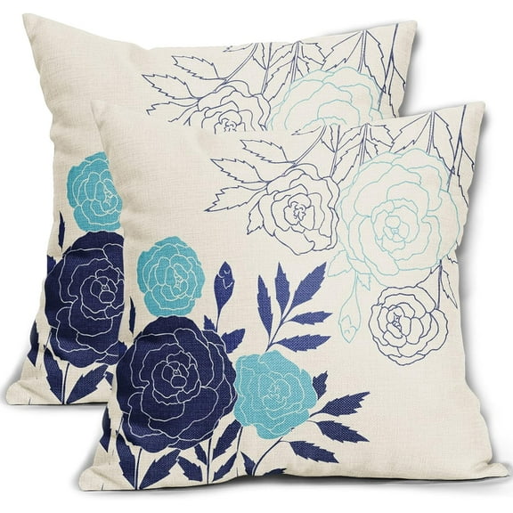 Navy Blue Floral Pillow Covers 18x18 Set of 2 Spring Summer Modern Elegant Flower Outdoor Throw Pillows Decorative Pillowcase Square Linen Cushion Case for Home Sofa Couch Bed