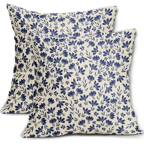 Navy Blue Floral Pillow Covers 18x18 Set of 2 Vintage Rustic Old Style Cute Small Flower Blue Cream Print Decorative Outdoor Pillowcases Farmhouse Throw Cushion Case Decor for Couch Sofa Bed