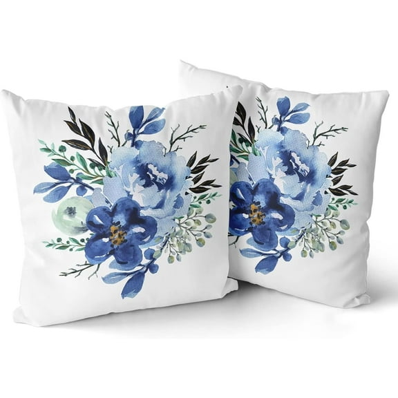 Navy Blue Floral Pillow Covers 20x20 Inch Set of 2 Boho Roses Flower Throw Pillow Cover Watercolor Spring Summer Pillow Cover Cotton Cushion Pillow Case for Sofa Outdoor Indoor Decoration
