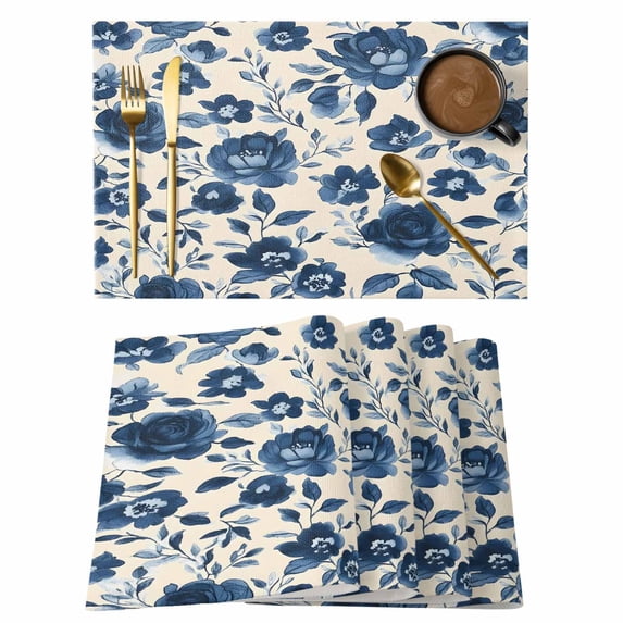 Navy Blue Floral Placemats Set of 6, Retro Botanical Flower Watercolor Leaf Farmhouse Non-Slip Place Mats Washable Table Mats for Kitchen Dining Table Decorations Indoor/Outdoor