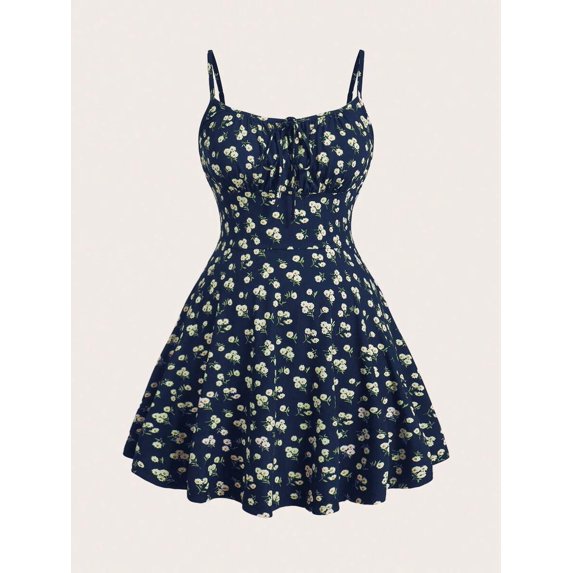 Navy Blue Floral Print Fit & Flare Mini Dress With Spaghetti Straps And Tie Front