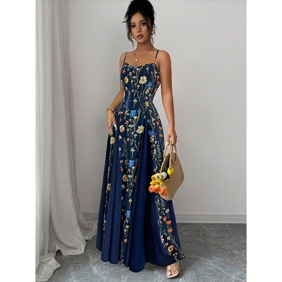 Navy Blue Floral Print Maxi Dress With Spaghetti Straps, Flared Hem, Sleeveless, Backless Detail