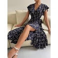 thumbnail image 1 of Navy Blue Floral Print Ruffle Sleeve Wrap High-Low Maxi Dress For Women, 1 of 8