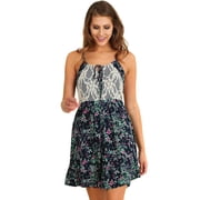 Navy Blue Floral Print Sleeveless Sheer Lace Dress - Small