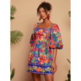 thumbnail image 1 of Navy Blue Floral Print Square Neck Puff Sleeve Mini Dress For Women, 1 of 6