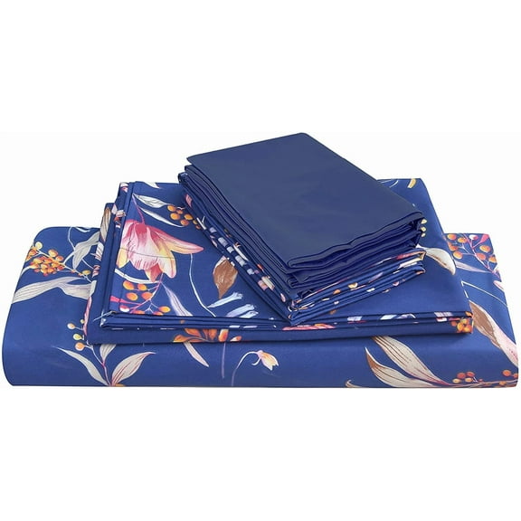 Navy Blue Floral Printed King Sheet Set, 6 Piece Botanical Pattern Microfiber Sheets Extra Deep Pocket