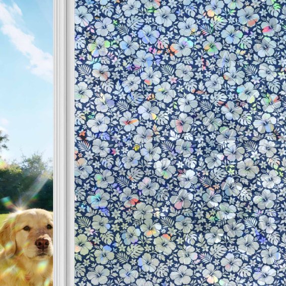 Navy Blue Floral Rainbow Window Privacy Film, Country Exotic Ocean Floral Palm Monstera Leaves Stained Glass Window Film, Sun Blocking Glass Clings Non Adhesive Door Stickers 17.7 x 39.3 Inches