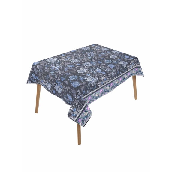 Navy Blue Floral Rectangle Tablecloth, Ethnic Tribe Abstract Art Flowers Waterproof & StainResistant Tablecloth, Washable Oil-proof Table Cover for Dining/Party/Wedding/Camping/Buffet 60x84 In