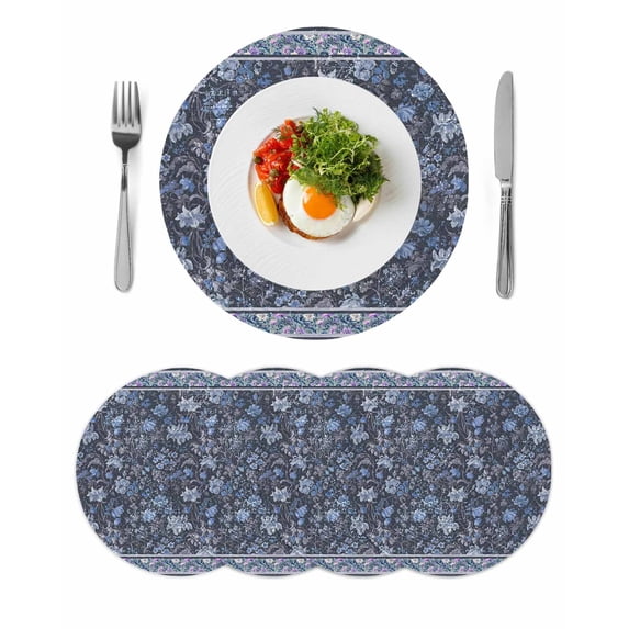 Navy Blue Floral Round 13 Inch Placemats Set of 4, Ethnic Tribe Abstract Art Flowers HeatResistant Non Slip Place Mats for Dining Table, Wipeable Braided Kitchen Table Mats for Housewarming
