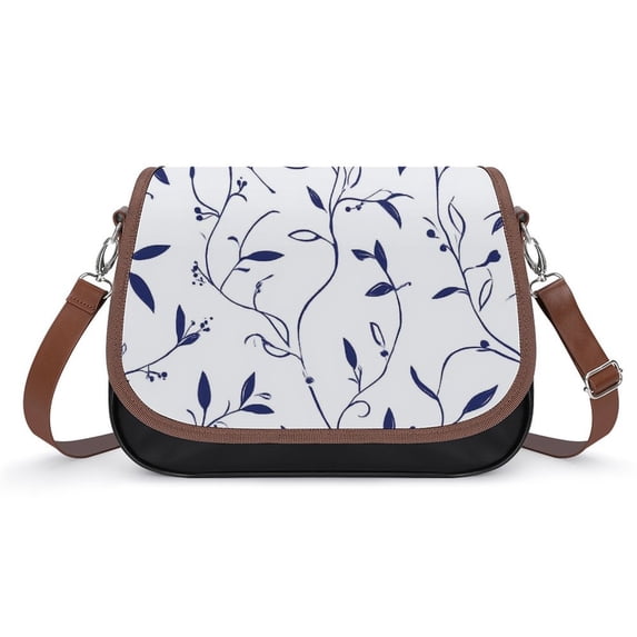 Navy Blue Floral Seamless Pattern Vintage Crossbody Bag For Women Medium Leather Hobo Bags Shoulder Bag Classic City Leather Satchels