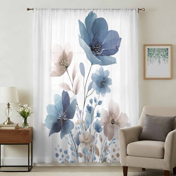 Navy Blue Floral Sheer Curtains 45 Inches Long, Watercolor Flowers Farmhouse Light Filering Curtains, Breathable Simi Curtain Privacy Drapes for Kitchen Bathroom Lightweight Small Window Treatment