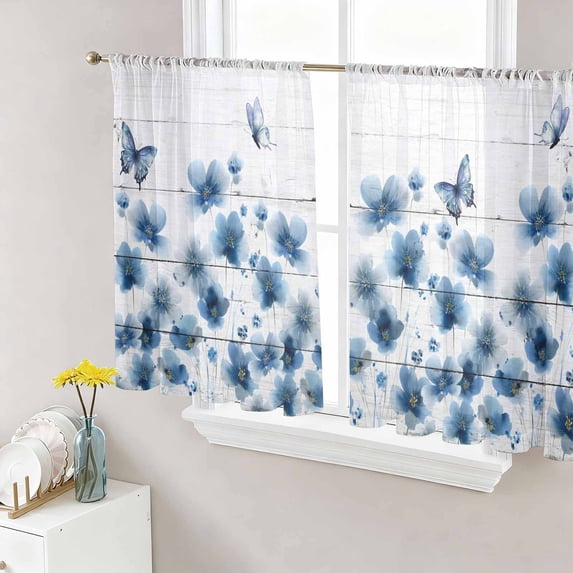 Navy Blue Floral Sheer Curtains 54 Inch Length 2 Panels Set Window Treatments, Spring Flowers Butterflies Wooden Rod Pocket Semi Curtains for Living Room/Bedroom/Kitchen Décor, 104"W x 54"L