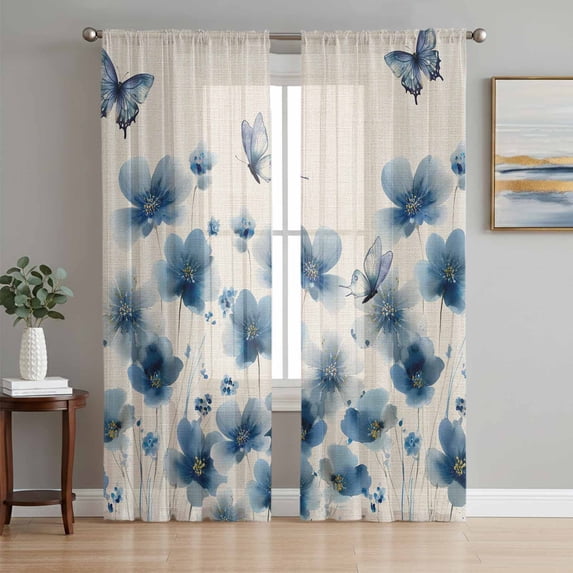 Navy Blue Floral Sheer Curtains 63 Inch Length 2 Panels Set Window Treatments, Spring Flowers Rustic Butterfly Rod Pocket Semi Curtains for Living Room/Bedroom/Kitchen Décor, 104"W x 63"L