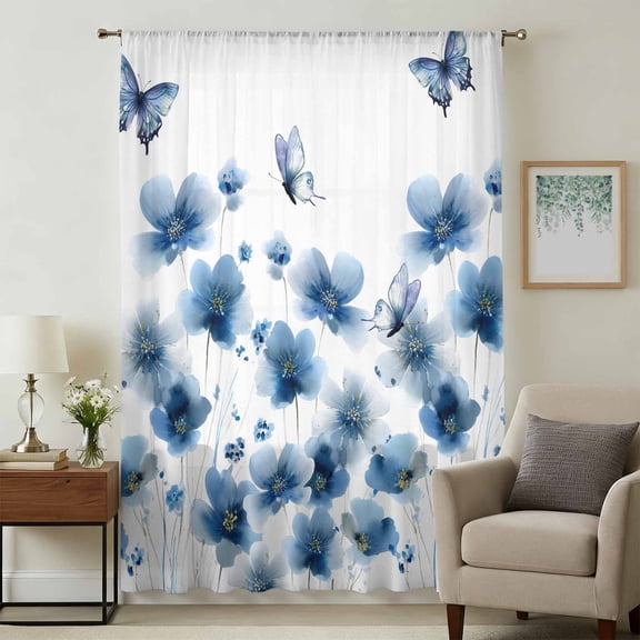 Navy Blue Floral Sheer Curtains 63 Inches Long, Spring Flowers Butterflies Light Filering Curtains, Breathable Simi Curtain Privacy Drapes for Living Room Bedroom Lightweight Window Treatment