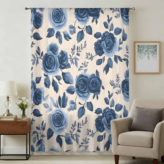Navy Blue Floral Sheer Curtains 96 Inches Long, Rustic Spring Flower Blossom Light Filering Curtains, Privacy Drapes Simi Floor to Veiling Curtain for Living Room Bedroom Large Window Treatment