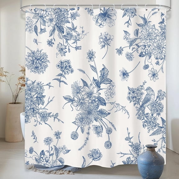 Navy Blue Floral Shower Curtain 72Wx84H Inches Vintage Boho Blossom Bird Retro Rustic Farmhouse Chinoiserie Aesthetic Cream Fabric Waterproof Polyester Bathroom Home Decor Set with Hooks
