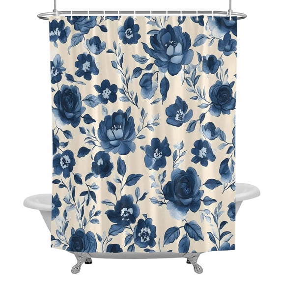 Navy Blue Floral Shower Curtain for Bathroom, Retro Botanical Flower Watercolor Leaf Farmhouse Waterproof Cloth Fabric Bathroom Accessories Set with 12 Rust Proof Plastic Hooks, 72"x72"