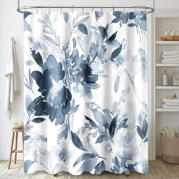 Navy Blue Floral Shower Curtain, Summer Watercolor Flower Shower Curtain for Bathroom, Modern Abstract Ink Decorative Fabric Shower Curtain Set with Hooks 72x72 Blue White