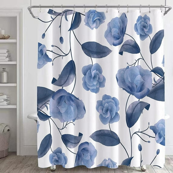 Navy Blue Floral Shower Curtain,Watercolor Blue Rose Bathroom Shower Curtains,Modern Minimalist White Waterproof Fabric Bath Curtain Sets with 12 Hooks 72x72in