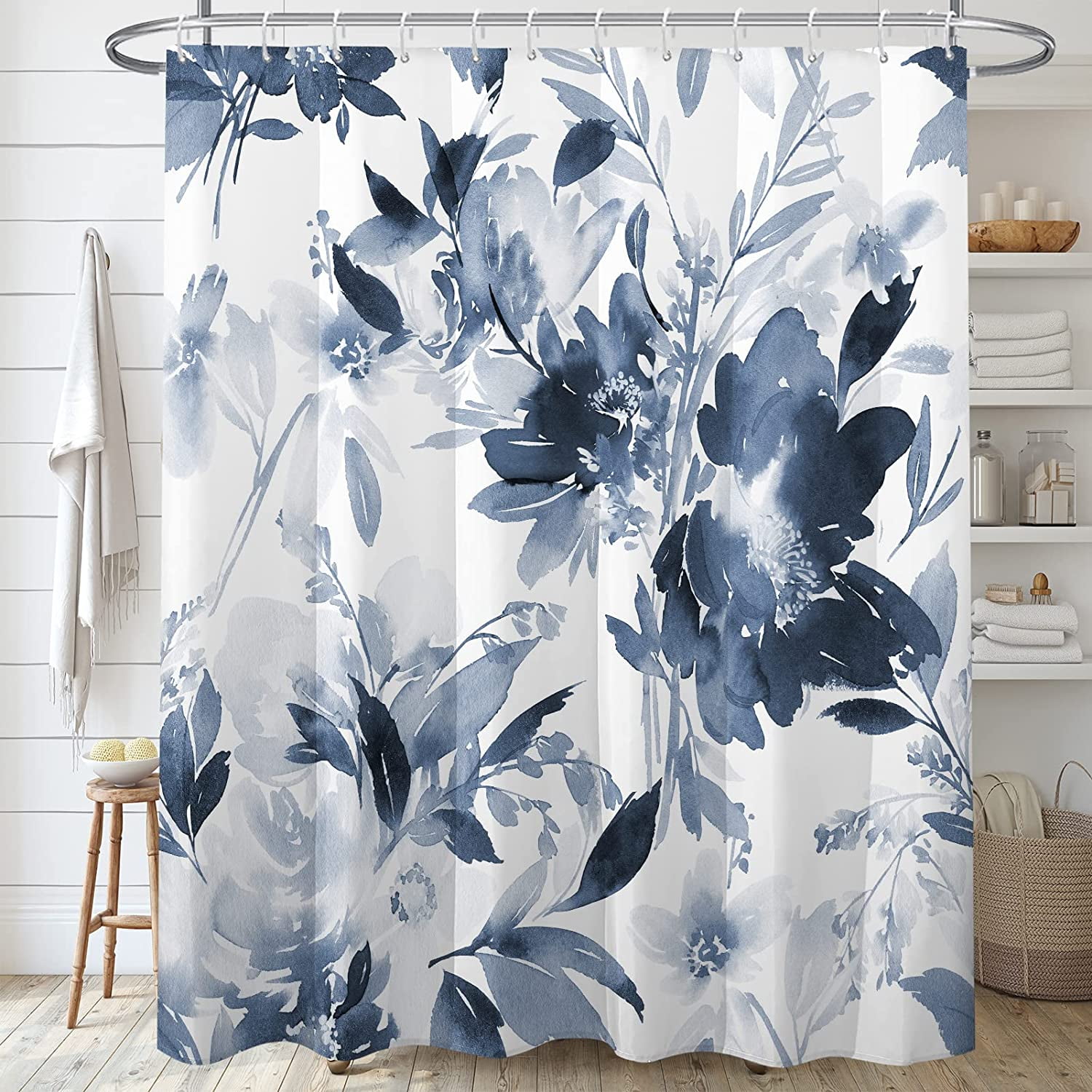 Navy Blue Floral Shower Curtain,Watercolor White Lush Flower Bathroom