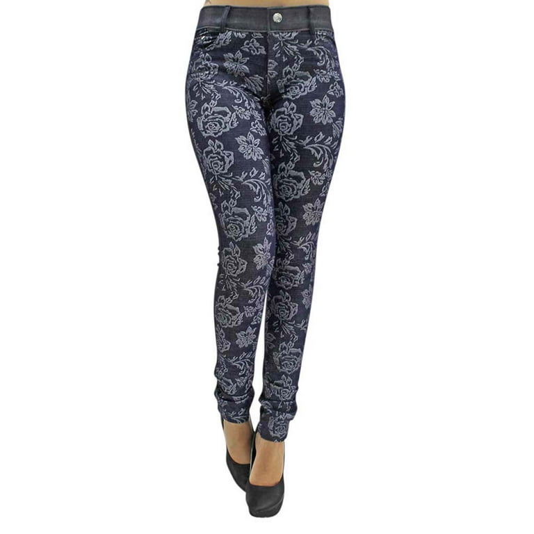 Navy Blue Floral Stretch Jeggings With Pockets Size Small/Medium