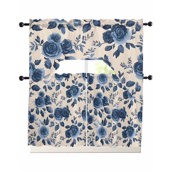 Navy Blue Floral Swag Curtains for Living Room/Bedroom Windows, Rustic Spring Flower Blossom Kitchen Curtains and Valances Set 36 Inch Length, Light Filtering Swags Valance Curtain Panels